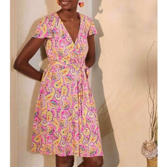 BODEN Evangeline Jersey Faux Wrap Dress Party Pink Summer Paisley Size 6 NWT - Picture 1 of 11